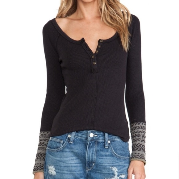 Free People Tops - Free People Black Alpine Cuff Thermal Henley Small